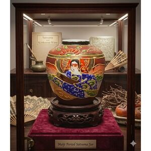 1920s Meiji Period Japanese Satsuma Moriage Jar Hand Painted Made in Japan